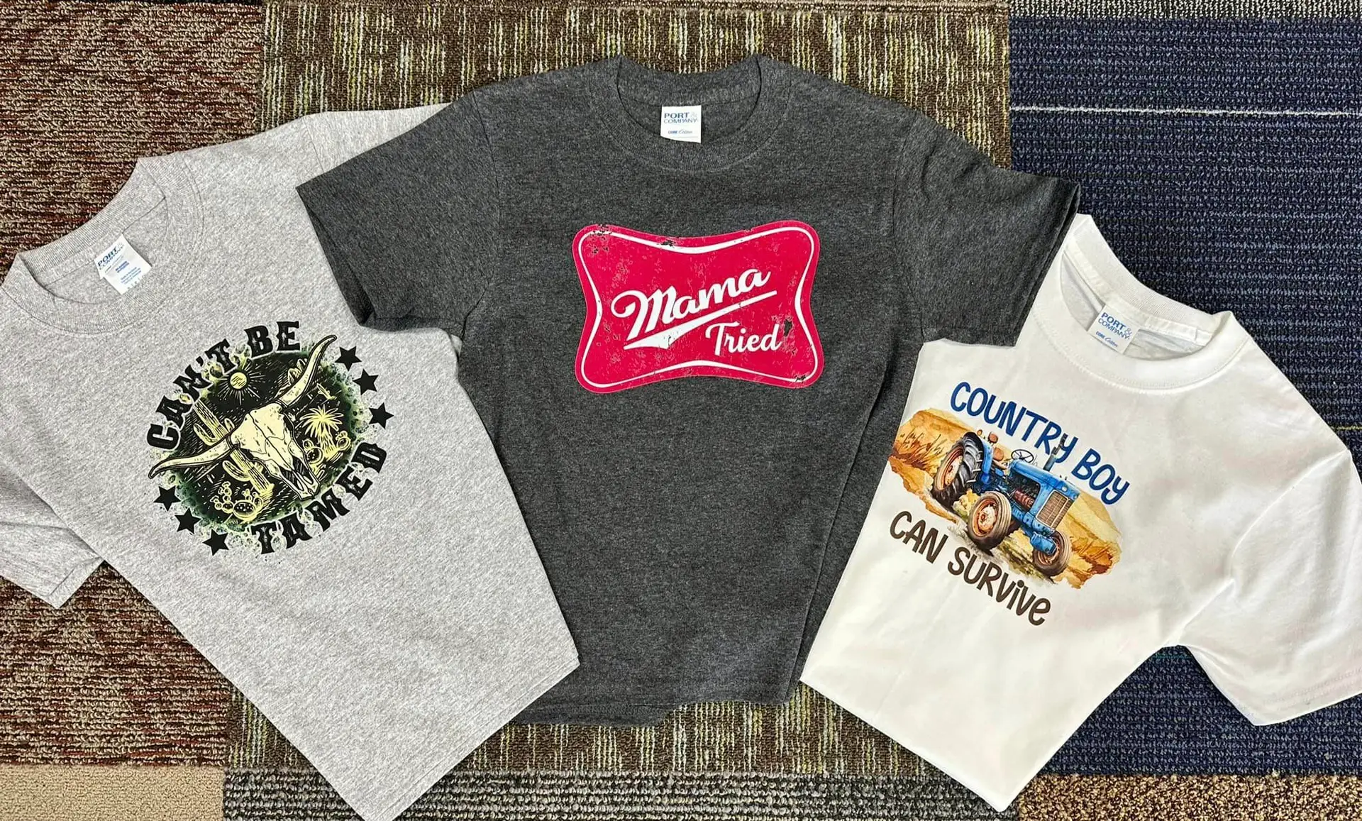 three tee shirts with different designs